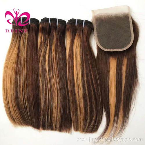 REINE Hair Wholesale 100% Human Double Drawn Remy Full Cuticle Free Sample Cabelo Humano with 4*4 closure 4/27 Highlight color